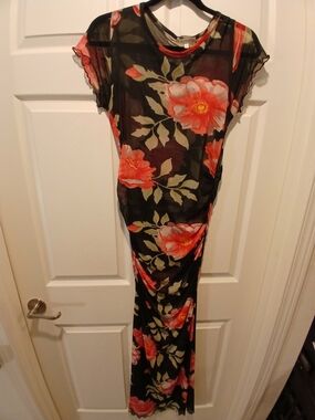 Black Sheer Maxi Dress with Coral Floral Print